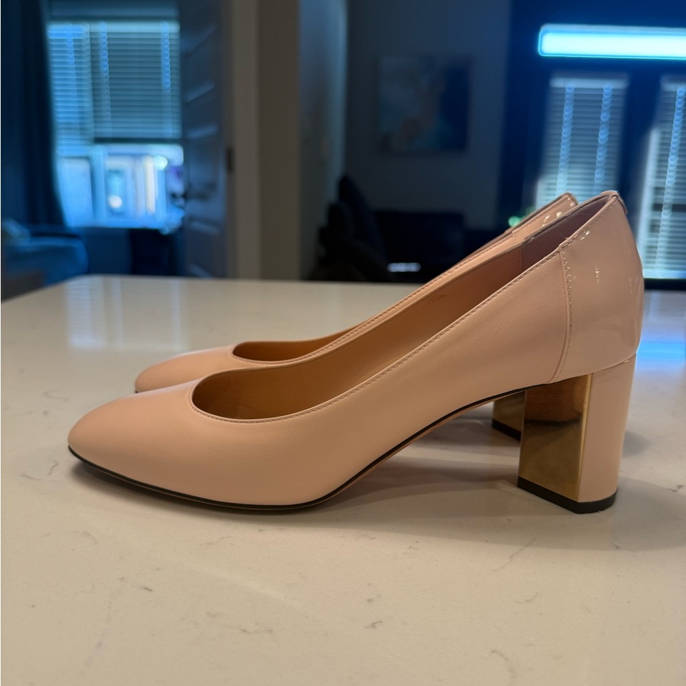 Bally Blush Pink and Gold Block Heel Pumps